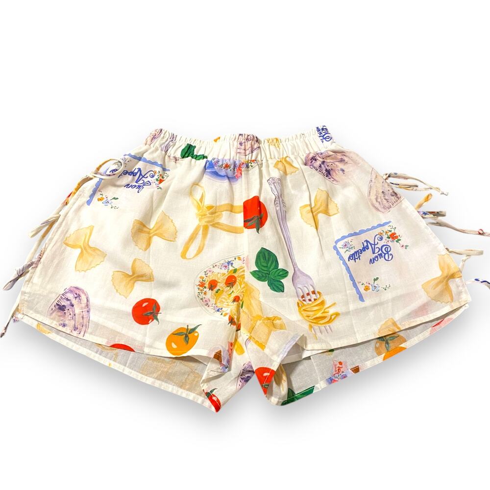 Lisa Says Gah Buon Appetito Ella Bow Tie Shorts w/ Italian Food Graphic New - XS
